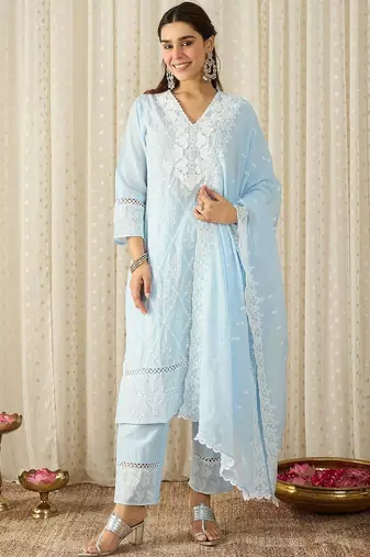 Women Embroidered Regular Thread Work Pure Cotton Kurta With Trousers & Dupatta