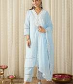 Women Embroidered Regular Thread Work Pure Cotton Kurta With Trousers & Dupatta