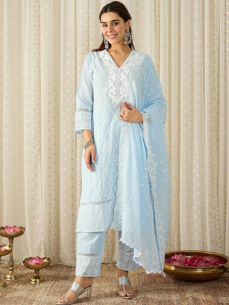 Women Embroidered Regular Thread Work Pure Cotton Kurta With Trousers & Dupatta
