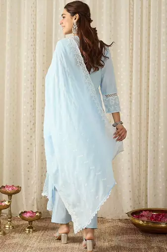 Women Embroidered Regular Thread Work Pure Cotton Kurta With Trousers & Dupatta