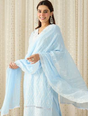 Women Embroidered Regular Thread Work Pure Cotton Kurta With Trousers & Dupatta 6