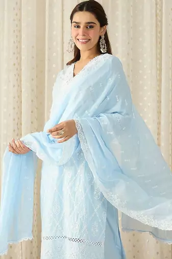 Women Embroidered Regular Thread Work Pure Cotton Kurta With Trousers & Dupatta