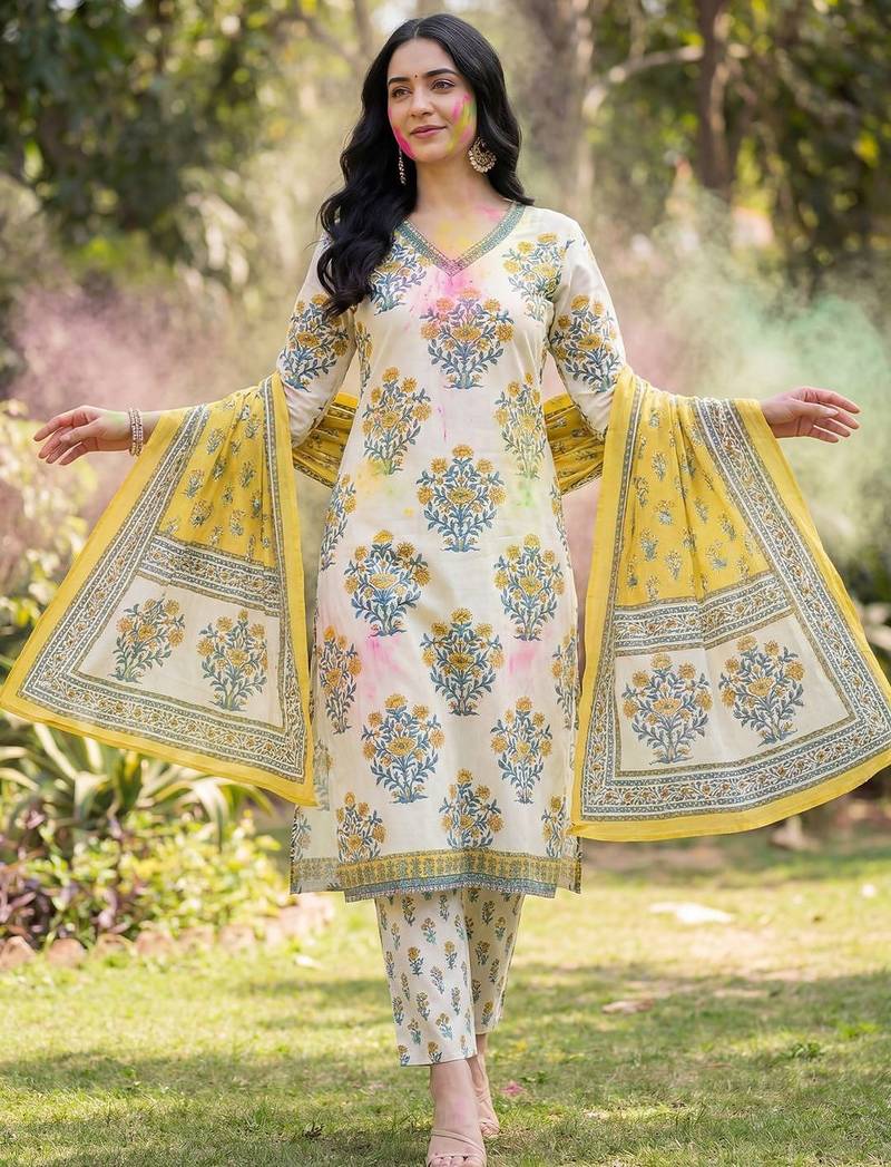 Women Floral Printed Regular Pure Cotton Kurta with Trousers & With Dupatta