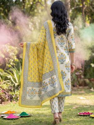 Women Floral Printed Regular Pure Cotton Kurta with Trousers & With Dupatta 7
