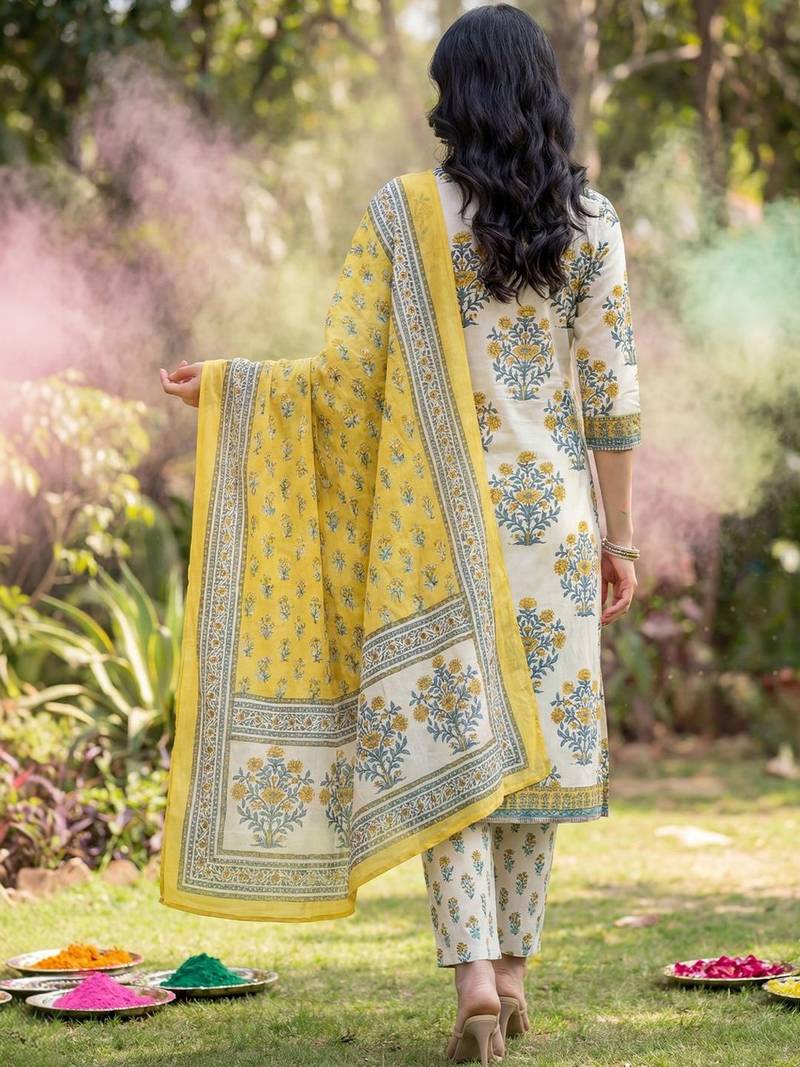 Women Floral Printed Regular Pure Cotton Kurta with Trousers & With Dupatta