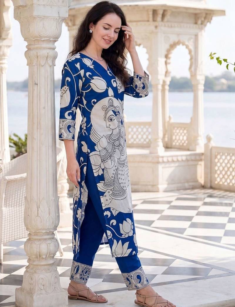 Women Ethnic Motifs Printed V-Neck Pure Cotton Kurta with Trousers