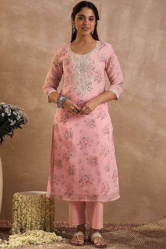Women Floral Printed Linen Kurta with Trousers & Dupatta
