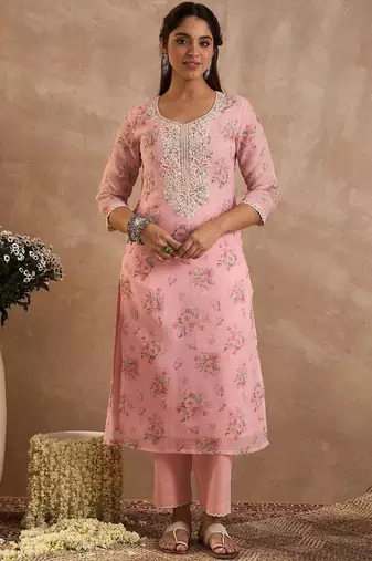 Women Floral Printed Linen Kurta with Trousers & Dupatta