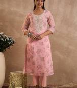 Women Floral Printed Linen Kurta with Trousers & Dupatta
