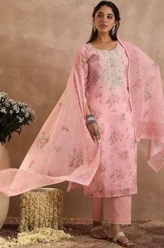 Women Floral Printed Linen Kurta with Trousers & Dupatta