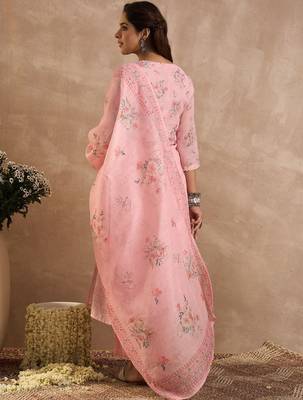 Women Floral Printed Linen Kurta with Trousers & Dupatta 4