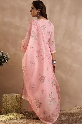 Women Floral Printed Linen Kurta with Trousers & Dupatta