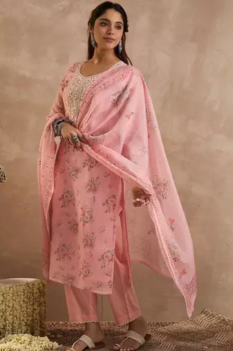 Women Floral Printed Linen Kurta with Trousers & Dupatta