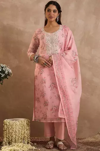 Women Floral Printed Linen Kurta with Trousers & Dupatta