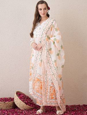 Floral Printed Beads and Stones Pure Cotton Straight Kurta & Trousers & Dupatta 2