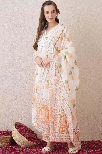 Floral Printed Beads and Stones Pure Cotton Straight Kurta & Trousers & Dupatta