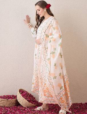 Floral Printed Beads and Stones Pure Cotton Straight Kurta & Trousers & Dupatta 4