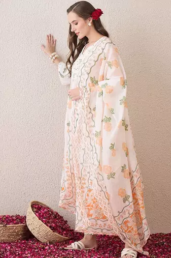 Floral Printed Beads and Stones Pure Cotton Straight Kurta & Trousers & Dupatta