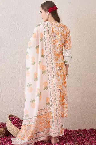 Floral Printed Beads and Stones Pure Cotton Straight Kurta & Trousers & Dupatta