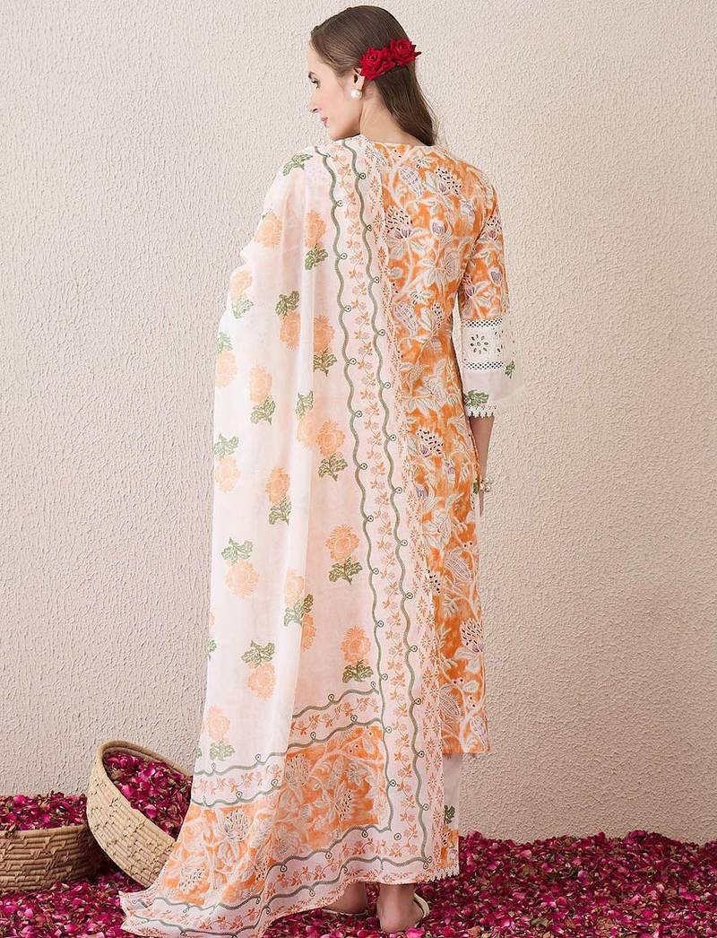Floral Printed Beads and Stones Pure Cotton Straight Kurta & Trousers & Dupatta