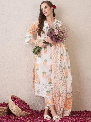 Floral Printed Beads and Stones Pure Cotton Straight Kurta & Trousers & Dupatta 6