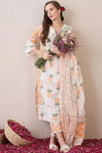 Floral Printed Beads and Stones Pure Cotton Straight Kurta & Trousers & Dupatta