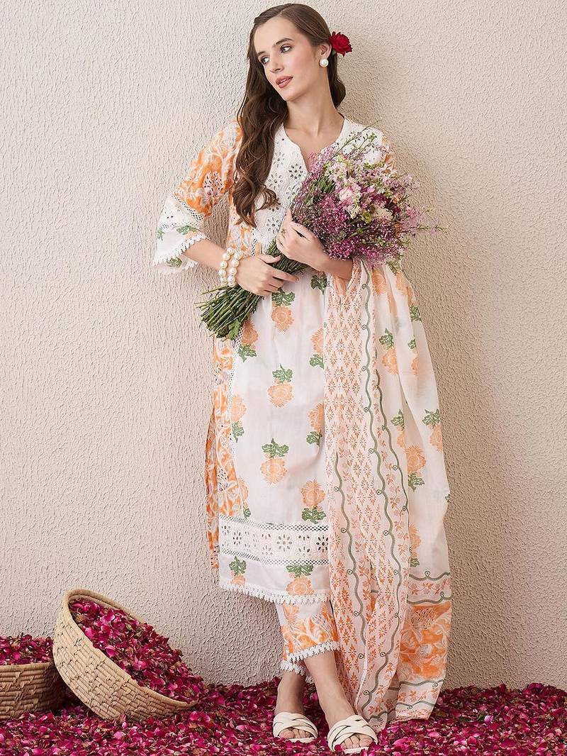 Floral Printed Beads and Stones Pure Cotton Straight Kurta & Trousers & Dupatta