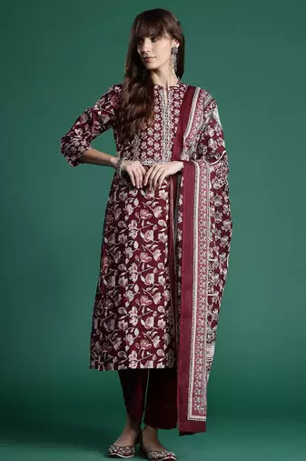 Floral Printed Pure Cotton Kurta With Trousers & Dupatta