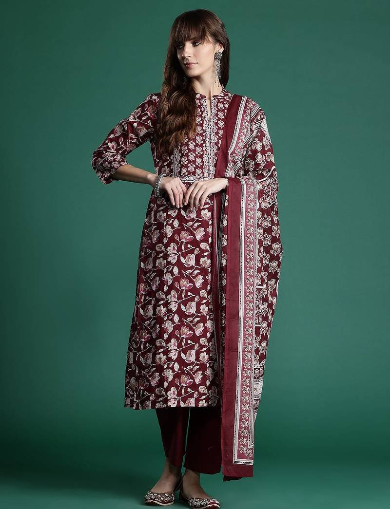 Floral Printed Pure Cotton Kurta With Trousers & Dupatta