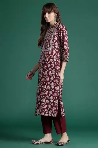 Floral Printed Pure Cotton Kurta With Trousers & Dupatta