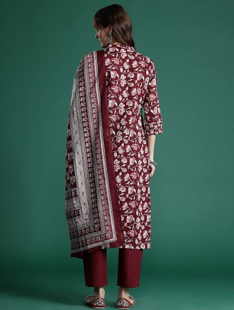 Floral Printed Pure Cotton Kurta With Trousers & Dupatta