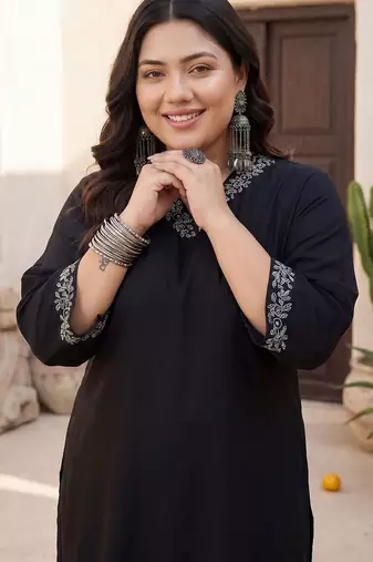 Plus Size Black Embroidered Straight Kurta Trousers Set