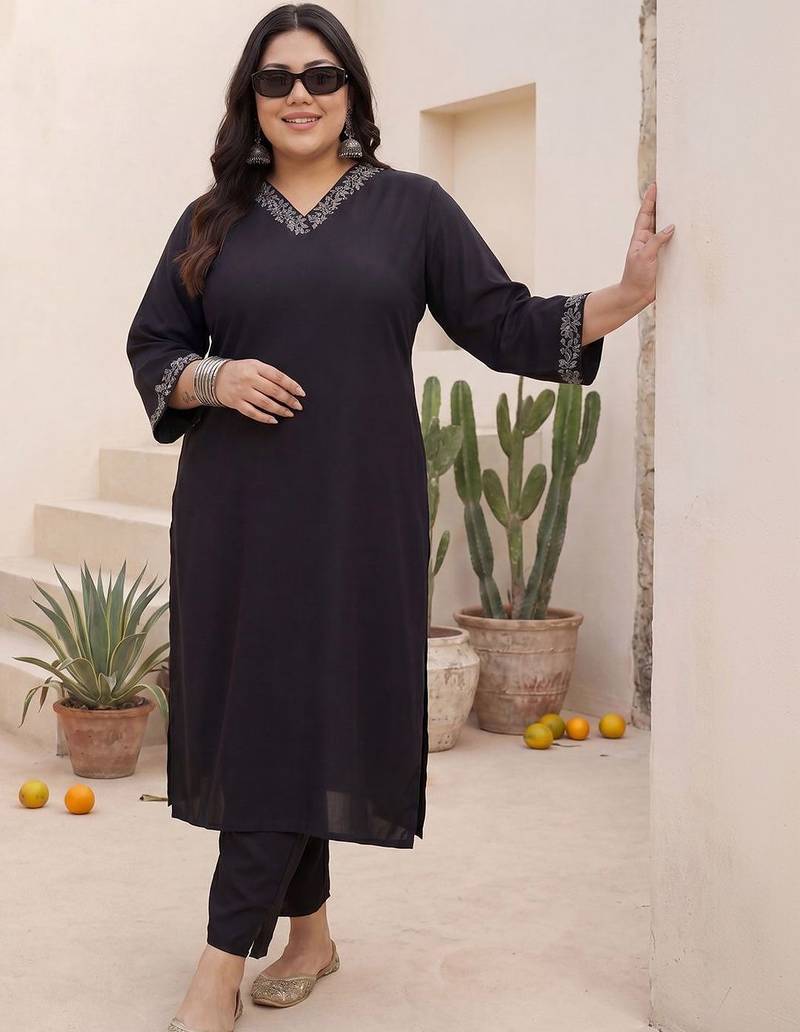 Plus Size Black Embroidered Straight Kurta Trousers Set