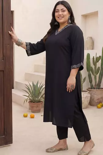 Plus Size Black Embroidered Straight Kurta Trousers Set