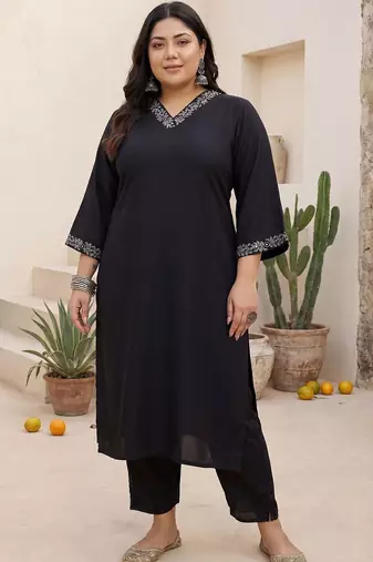 Plus Size Black Embroidered Straight Kurta Trousers Set