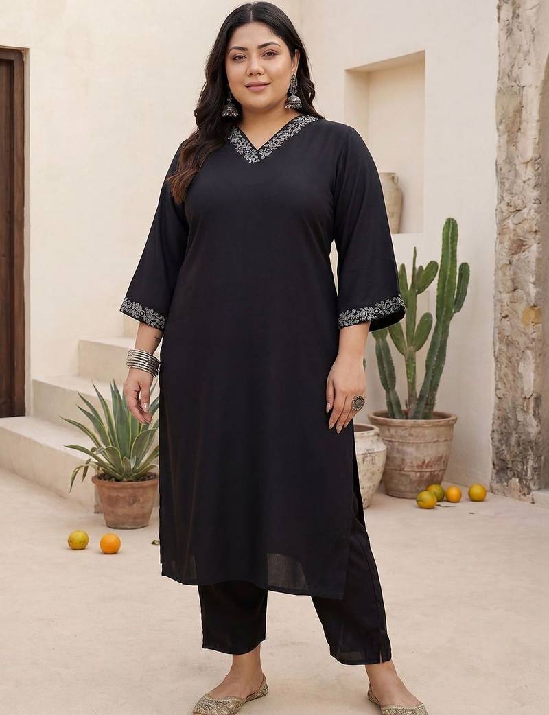 Plus Size Black Embroidered Straight Kurta Trousers Set