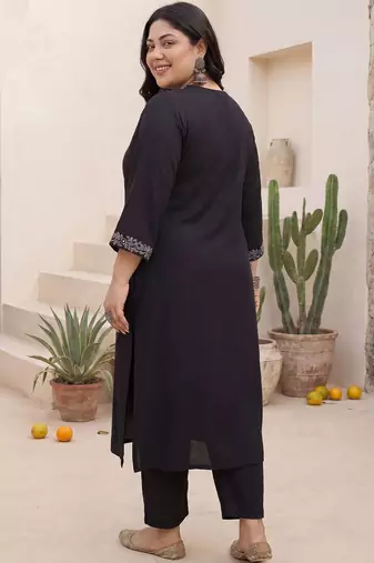 Plus Size Black Embroidered Straight Kurta Trousers Set