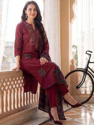 Women Ethnic Motifs Embroidered Regular Thread Work Pure Cotton Kurta with Trousers & With Dupatta 1