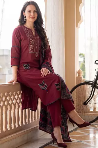 Women Ethnic Motifs Embroidered Regular Thread Work Pure Cotton Kurta with Trousers & With Dupatta