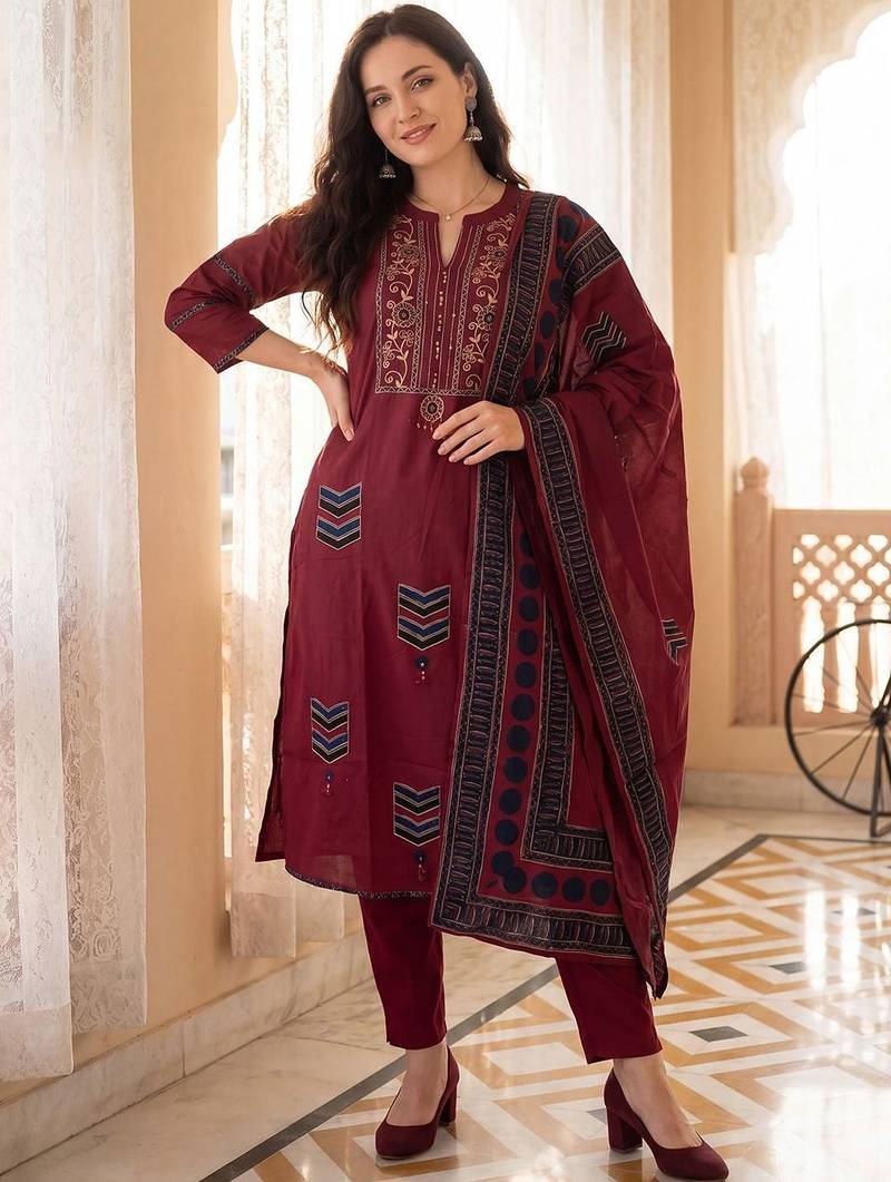 Women Ethnic Motifs Embroidered Regular Thread Work Pure Cotton Kurta with Trousers & With Dupatta