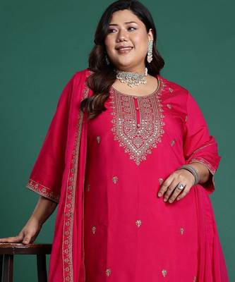 Plus Size Pink Embroidered Straight Kurta Trousers With Dupatta Set 1