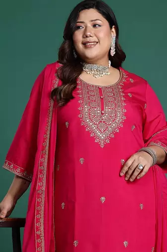 Plus Size Pink Embroidered Straight Kurta Trousers With Dupatta Set