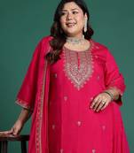 Plus Size Pink Embroidered Straight Kurta Trousers With Dupatta Set