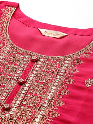 Plus Size Pink Embroidered Straight Kurta Trousers With Dupatta Set 2