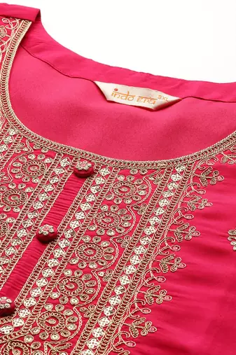Plus Size Pink Embroidered Straight Kurta Trousers With Dupatta Set
