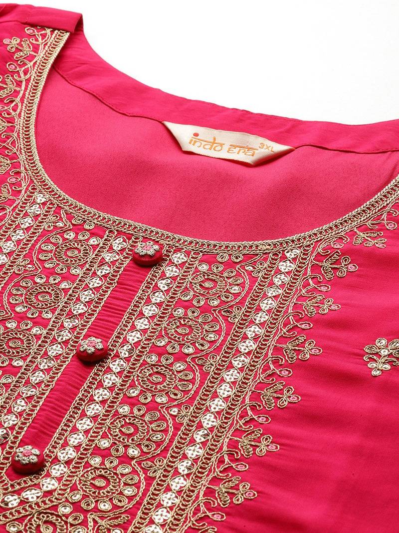Plus Size Pink Embroidered Straight Kurta Trousers With Dupatta Set