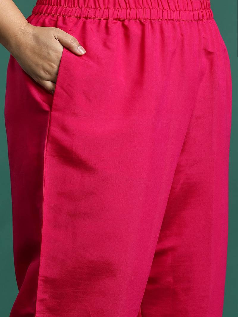 Plus Size Pink Embroidered Straight Kurta Trousers With Dupatta Set