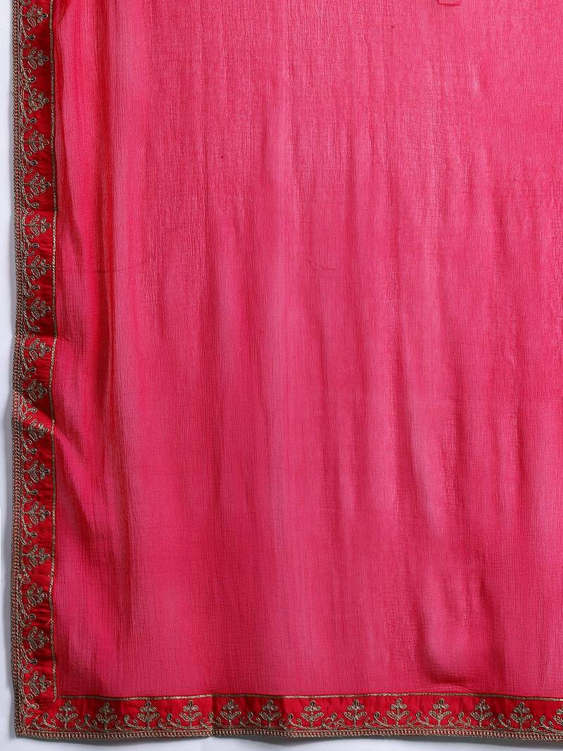 Plus Size Pink Embroidered Straight Kurta Trousers With Dupatta Set