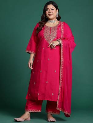 Plus Size Pink Embroidered Straight Kurta Trousers With Dupatta Set 5