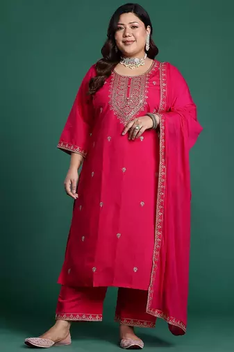 Plus Size Pink Embroidered Straight Kurta Trousers With Dupatta Set
